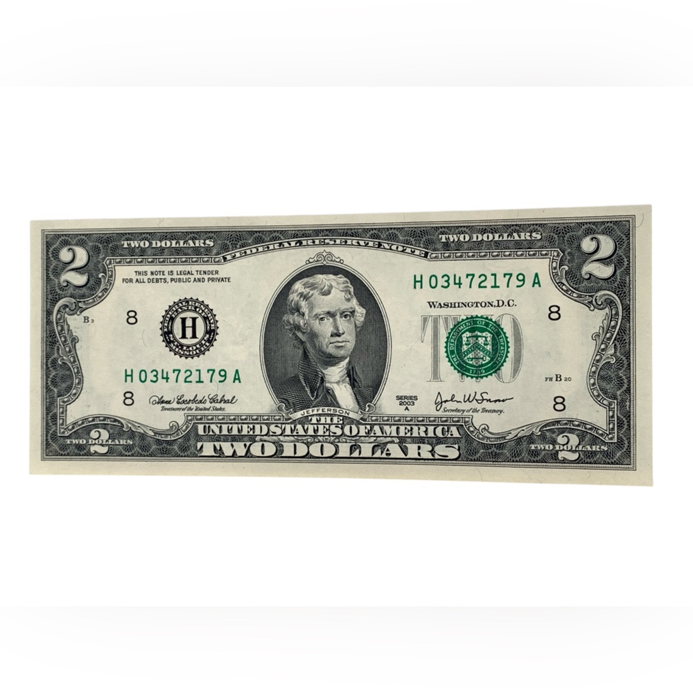 Two Dollar Bill with Green Seal Series 2003A H03472179A Serial Number